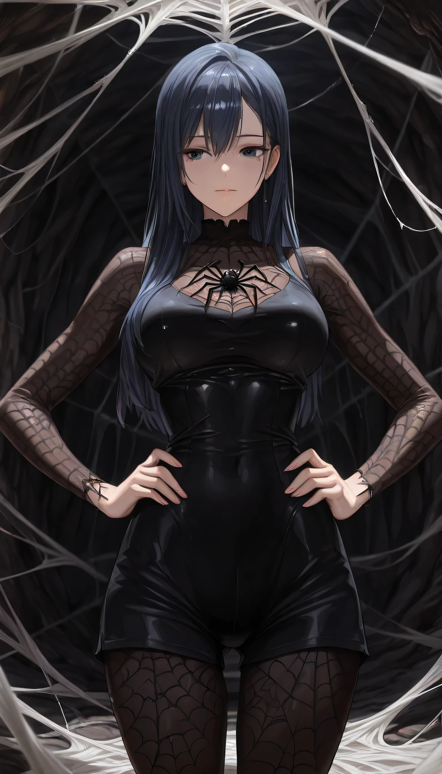 cinematic, (masterpiece), (best quality), (ultra-detailed), very aesthetic, illustration, realistic illustration, perfect composition, intricate details, absurdres, detailed face, (anime, masterpiece, intricate:1.3), (best quality, hires textures, high detail:1.2), (4k), (incredibly detailed:1.4), detailed eyes,(beautiful eyes:1.3), (detailed eyes:1.3), (32K) 16k, 8k, 4K, (Uhd, Masterpiece, Textured Skin, Super Detail, High Details, High Quality, Best Quality), Detailed Face, 1woman, mature pretty woman, ((Long Dark Blue eyes hair)), ((Black Sexy Rpg dress), (short Pants), (Spider, Web, Silk), (standing, inside a dark cave full of cobwebs), (Hands On hips), ((slim body))