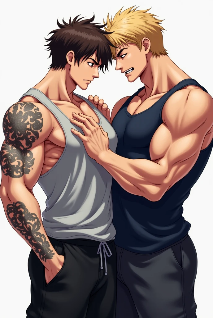Naked demon youth，perfect bodies，Tease another man，Carrying two knives on his back，There are two huge scars on the chest，Long blood-colored hair waist-length