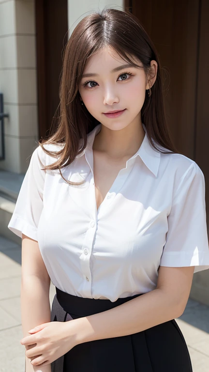 ((masterpiece, Highest quality)), (One Girl), (alone), (Focus on women), (Ahoge, Gray Hair, Very long hair), Golden Eyes, Clear smile, Open your mouth, ((A thin white shirt、See-through、I can see her 、Small nipples visible、Nipples are erect),(Bra not worn), (Buttoned shirt), (Gap Button)), ((Black Skirt), (Short skirt)), Put your arms behind your back, Dynamic Angle