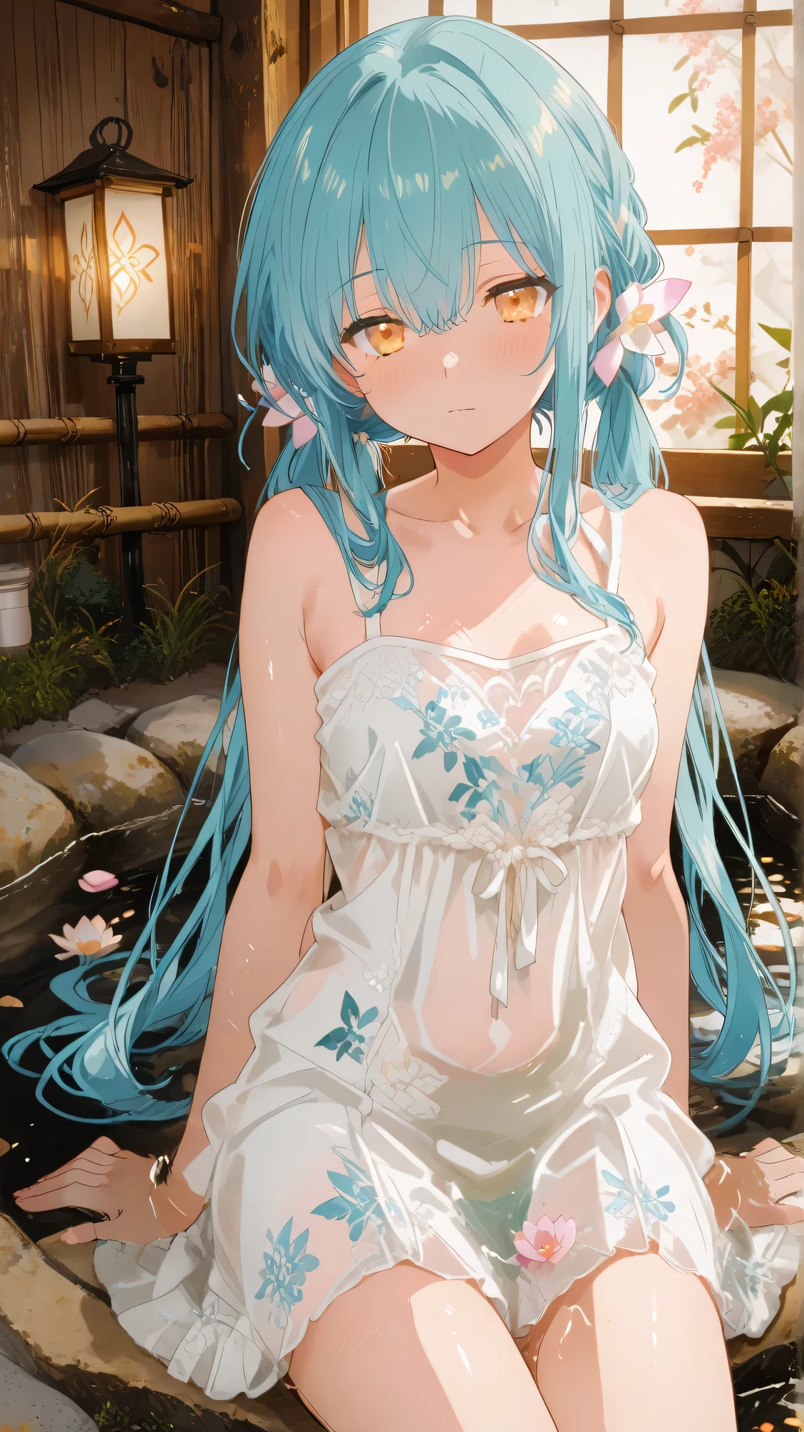 Masterpiece, Best Quality, Top Quality, Very Detailed, 1 girl, score_9, score_8_up, score_7_up, An anime girl with long aqua twin-tails lounges in a circular onsen, her white translucent cheongsam dress damp against her skin as cherry blossom patterns glow faintly in the steam. Hundreds of white lotus flowers float around her, some catching in her hair like living ornaments. The wooden bathhouse surrounds her with warm amber lighting, its bamboo walls casting delicate shadow patterns. Moonlight filters through frosted windows, blending with lantern-glow to illuminate her peaceful expression and the dress's clinging silk. Mist rises in spirals, giving the scene a dreamlike softness.