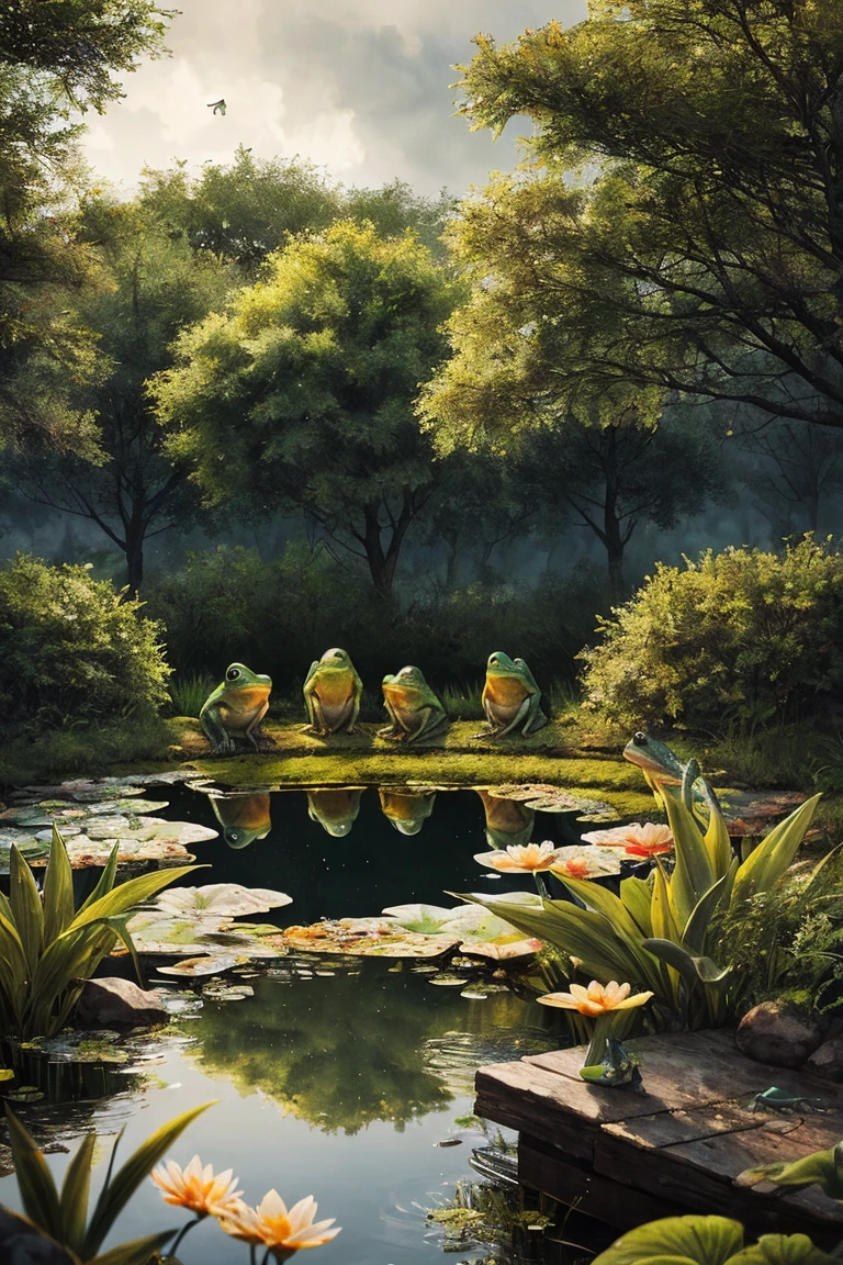 photorealistic, very detailed,  Pure Quality , bright colors, cinematic atmosphere, Frogs singing in chorus, dancing musical notes, Rainy Pond Background, 