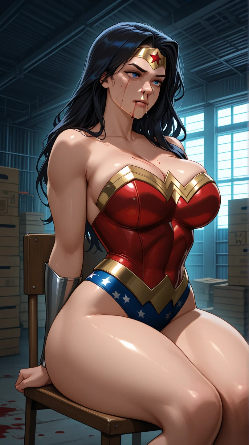 (((Full body view))), (((mulher maravilha,arrested, handcuffed in the prison car, apavorada, drogada))) ,((SUPERHEROINE mulher maravilha IS A FILTHY OLD WHORE)), ((emotional expression,expression of pain and despair, gritando de dor, Expression of suffering, olhos arregalados)),(Wonder Woman is crouching, corpo curvado), (She's crying a loa tem cabelo preto, ela tem cabelo longo)), ((She wears a thick metal necklace around her neck.)), (Ela esta vestindo uma calcinha rendada, fishnet tights, She is barefoot), (obra-prima, melhor qualidade) 1.5, 1 garota, sozinho, (sensual, mulher bonita, rosto perfeito, olhos perfeitos), corpo inteiro. ((She is wearing starry lace panties)), tears running down your face)), ((Mulher Maravilha em cativeiro amarrado ,arms are tied behind the back, em seguida, using some fixation method, like a rope or chain that runs from the wrists to an attachment point above, their arms are raised behind them until the person is forced to bend forward)), (((emotional expression,expression of pain and despair, gritando de dor, Expression of suffering, olhos arregalados, expression of fear, corpo se contorcendo de dor))))