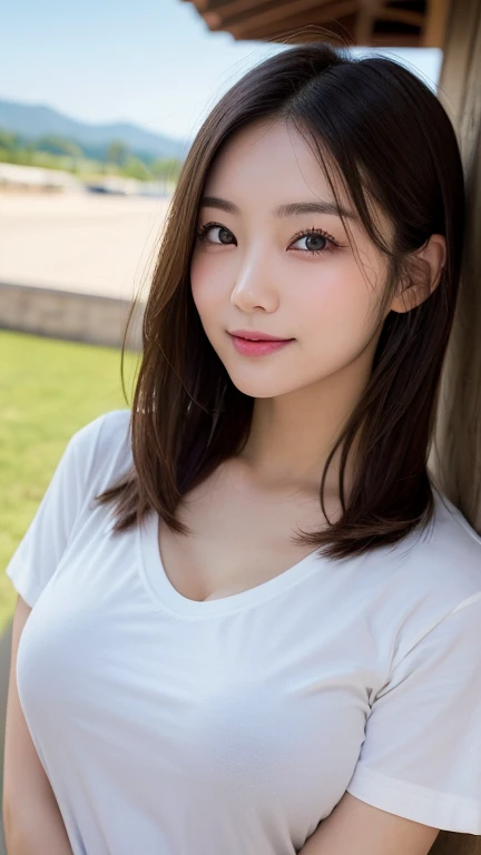 ((Realistic lighting, best quality, 8k, masterpiece: 1.3)), sharp focus: 1.2, 1 girl, beauty with perfect body: 1.4, slender abs: 1.1, ((layered hairstyle)), (pink T-shirt: 1.4), (outdoor: 1.1), ultra-fine face, fine eyes, double eyelids, smile, looking at the camera, selfie,