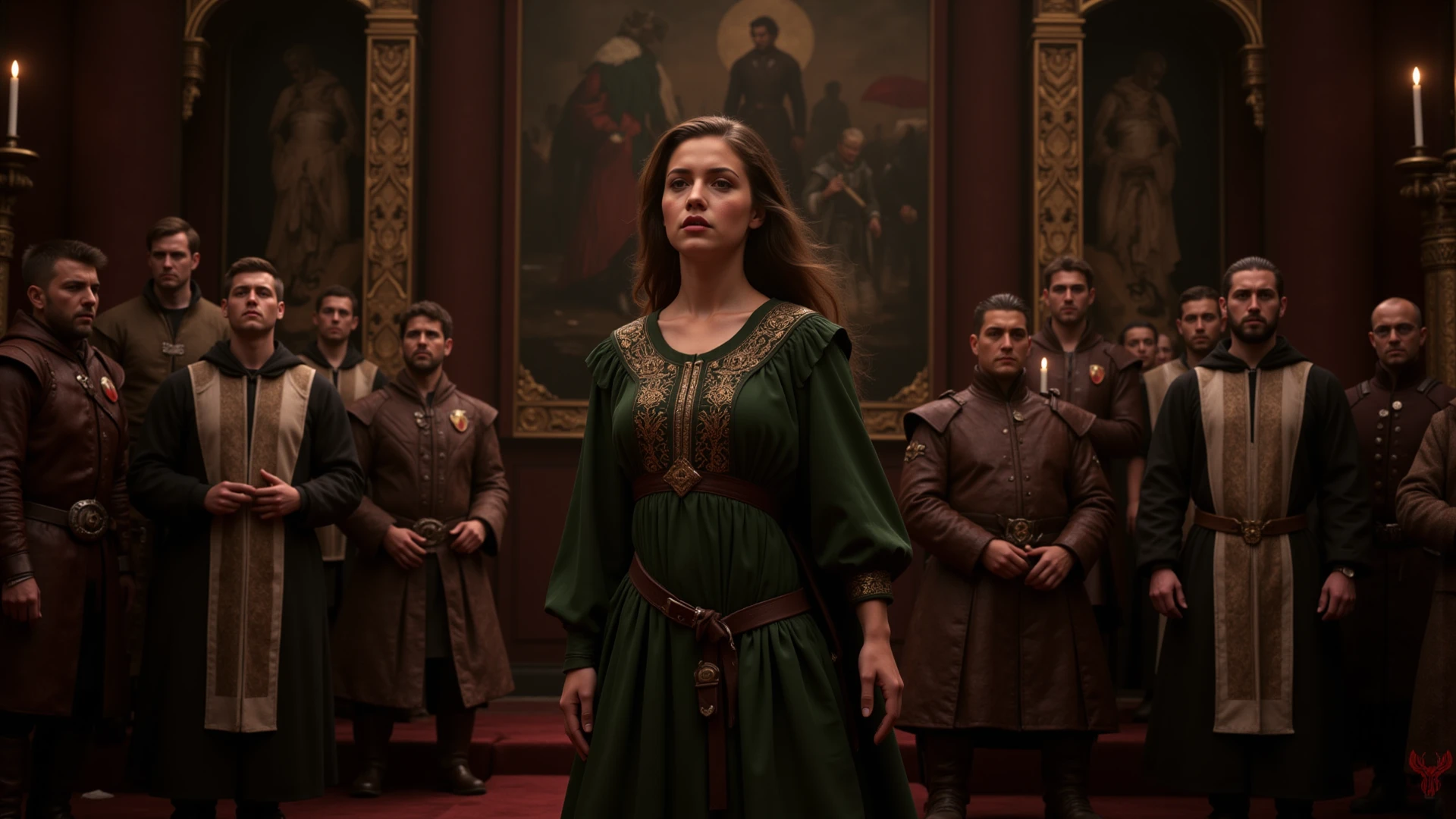 a large ROSARY in the hands of a nervous medieval queen, dressed elegantly without showing the shoulder, in the background the people looking at her with fearful expressions, and a gentleman in black robes and cape with a devilish countenance holding a scale of justice and around him a servant and a lackey, and next to her two soldiers and a Catholic bishop in liturgical clothes and a mitre
