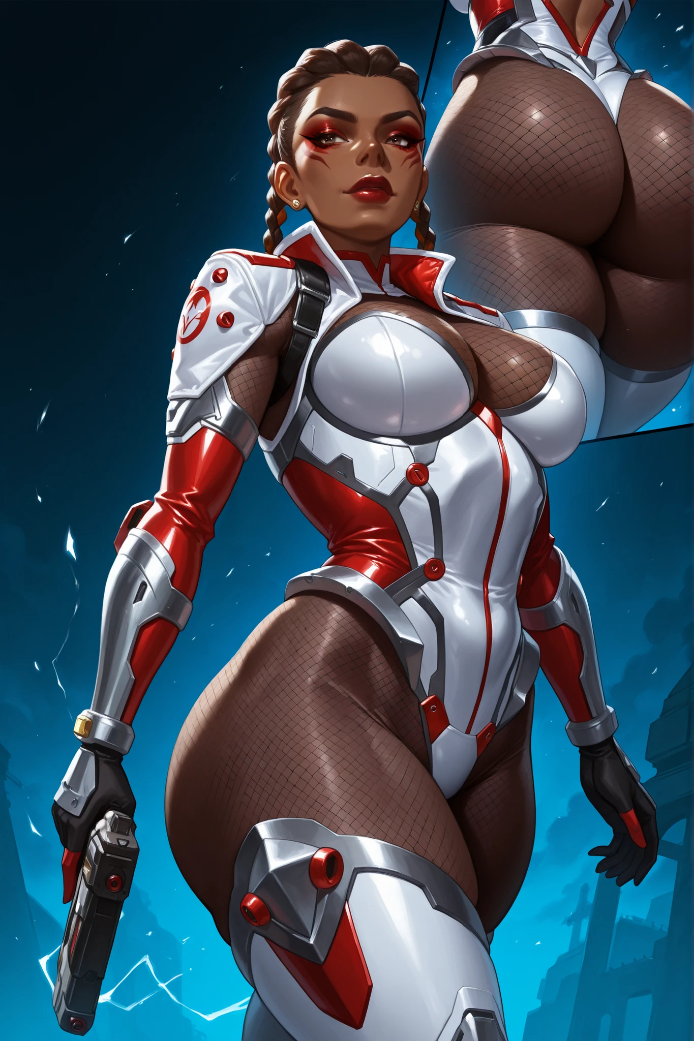 master piece, high quality, 4k uhd,hires,solo, dark skin, dark_red lips, (skin_bulging_through_fishnets:1.4), Loba_Andrade from apex legends, dark_brown hair, light_brown eyes, red eye liner, red makeup, realistic_waist,two tone braids , huge very thick thighs, (mesh taimanin bodysuit), , armored bodysuit, White_armor, detailed_bulging_thighs, handgun, thick ass, walking, multiple angles