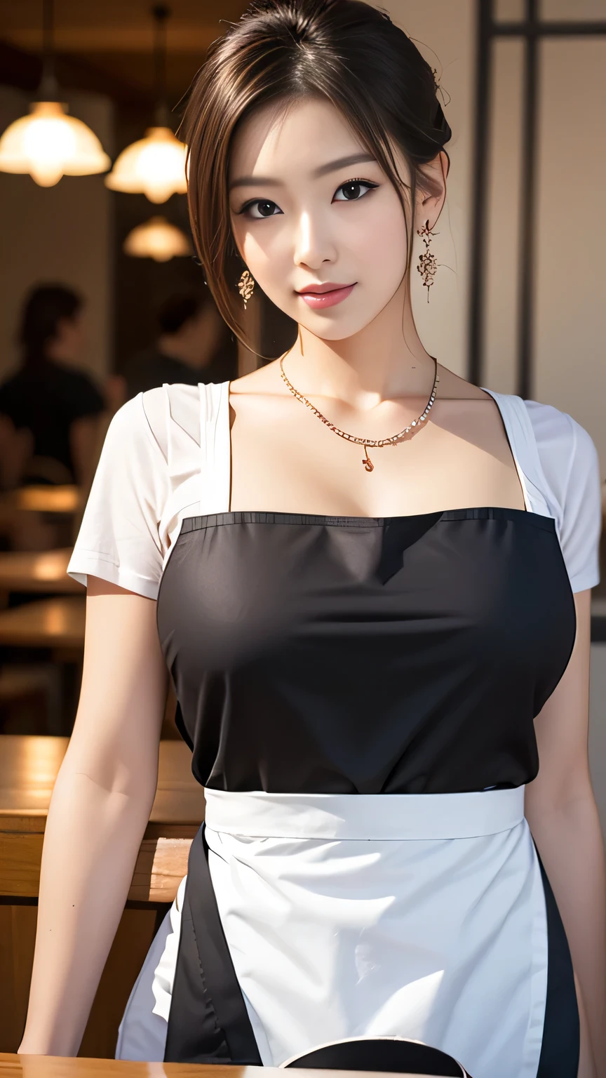 (precise face features), (Highly detailed face), (High density photo quality) , Japanese Beauty, expensive, Long legs, smile, Very short tight leather mini skirt with belt, Chest open、sleeveless white blouse, Bright coffee shop interior with elaborate lighting,smile,short hair