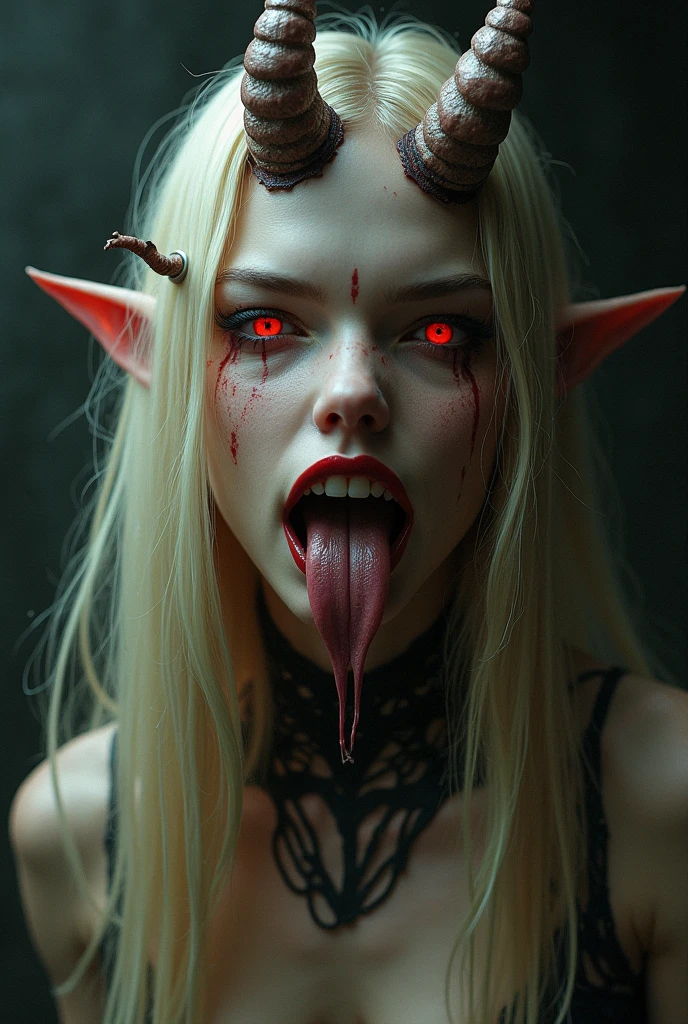 megan fox as a vampiric muscular red carnage, (mouth wide open with tongue out:1.25), (red carnage anatomic muscular bio-mecha muscle suit:1.25), (body totally covered in muscles, veins, tendons), (perfect muscular anatomy), (beautiful girl face:1.45),