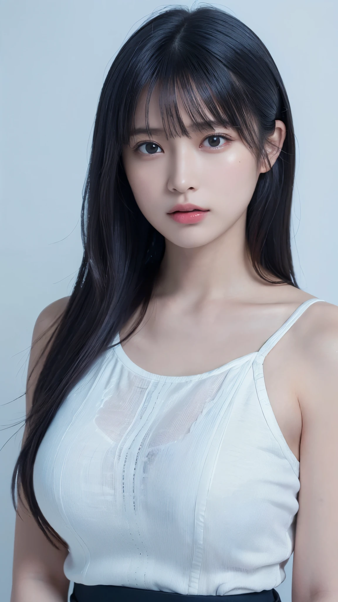 Highest quality, Ultra-high resolution, (Realistic:1.4), One girl, off-the-shoulder white shirt, Black tight skirt, Black Choker, (Faded grey hair:1), (Huge breasts:1.2), View your viewers, close ,