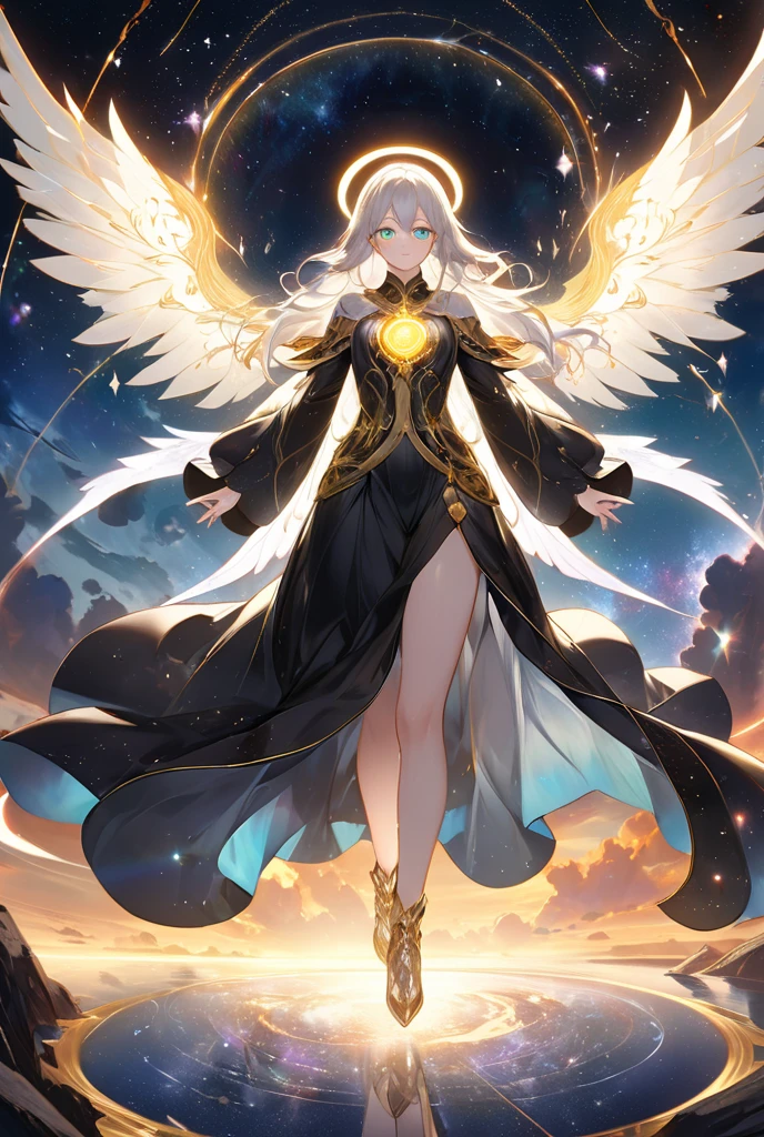 Valkirie, multi-winged, flying feathers, goddess crown, glowing yellow eyes, oppressive look, evil face, few clothes, full body, golden details on body, (ultra-realistic), {extremely detailed CG unit 8k wallpaper }, Expansive landscape photography, (a view from below showing the sunset, expansive open field view), (low-angle shot), (light: 0.5), (warm light source: 1.0), complex details, (Iridescent colors: 1.5), (bright lighting), (atmospheric lighting), (solo: 2.0)