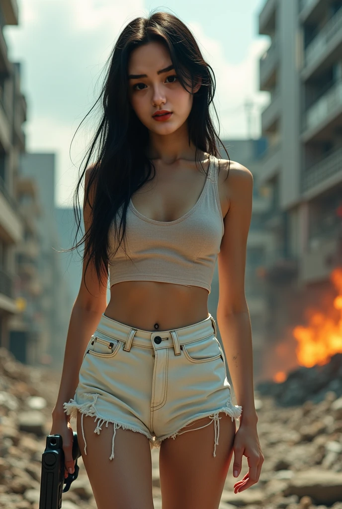 (solo), (a detailed full body RAW photo of a girl), (masterpiece:1.0), (best quality:1.4), (ultra highres:1.2), (photorealistic:1.4), 8k resolution, Canon EOS R5, 50mm, ultra detailed, (16yo), sharp focus, cinematic lighting, detailed beautiful face, slim build, detailed skin texture, giantess girl, Finnish, detailed messy hair, red hair, evil grin, ((realistic detailed skin)), (((sfw))), torn clothes, ripped clothes, short shorts, tank top, full view, giantess, cityscape, dystopic, burning buildings, femdom, dynamic angle, volumetric lighting, collapsing buildings, dust clouds, towering over you, miniature people