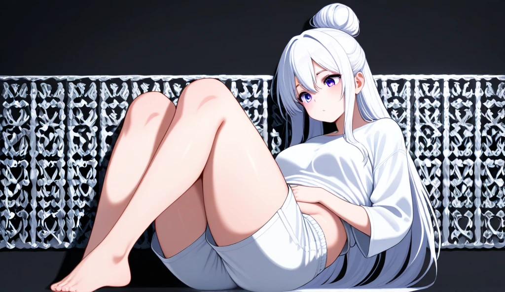 superflat, flat shading, flat colors, (white bedroom), 1girl, child, , petite, small breast, long white hair, (white fox ears), (white kimono), white panties, sitting on the edge of bed, spread legs, smile, stretching arms, yawning, (closed eyes), shy, morning, window, white walls, sunlght, bright, cold, winter, anime minimalist, watercolor