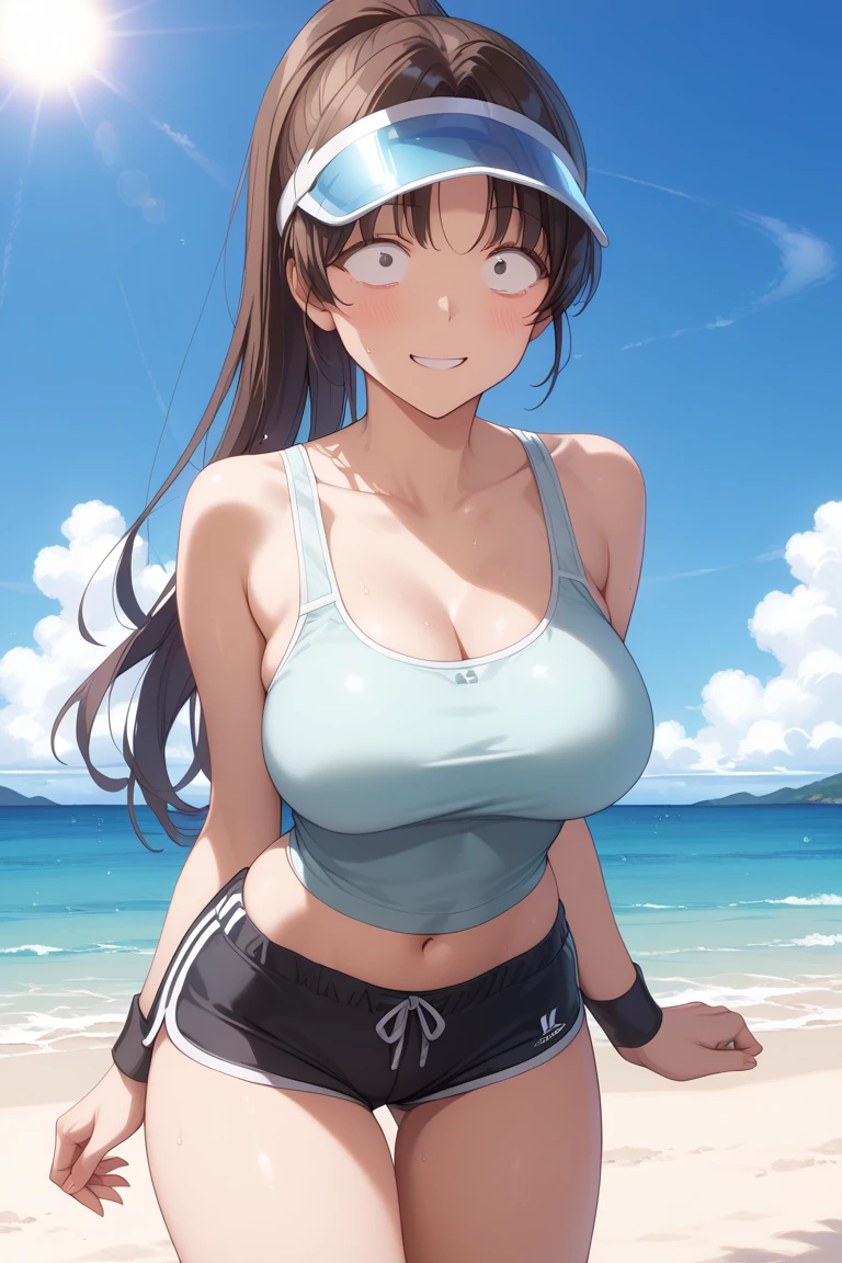 masterpiece、highest quality、Pokémon、Aqua Troupe、big tits milf、big tits milf、heavy rain on the ground、Aiming to increase the ocean、Aqua Troupeの下っ端、Kyoga、pkmntag、bandana、striped crop top、armband、black shorts、black gloves、Striped leggings、Upper body、、（（（brown skin）））+++、（（（brown skin）））+++、（（（brown skin）））+++、look at viewer、Wrinkled between the eyebrows、smile、crossed arms、big breasts、null、ocean、cloud、Rock Coast、(brown skin:0.8)