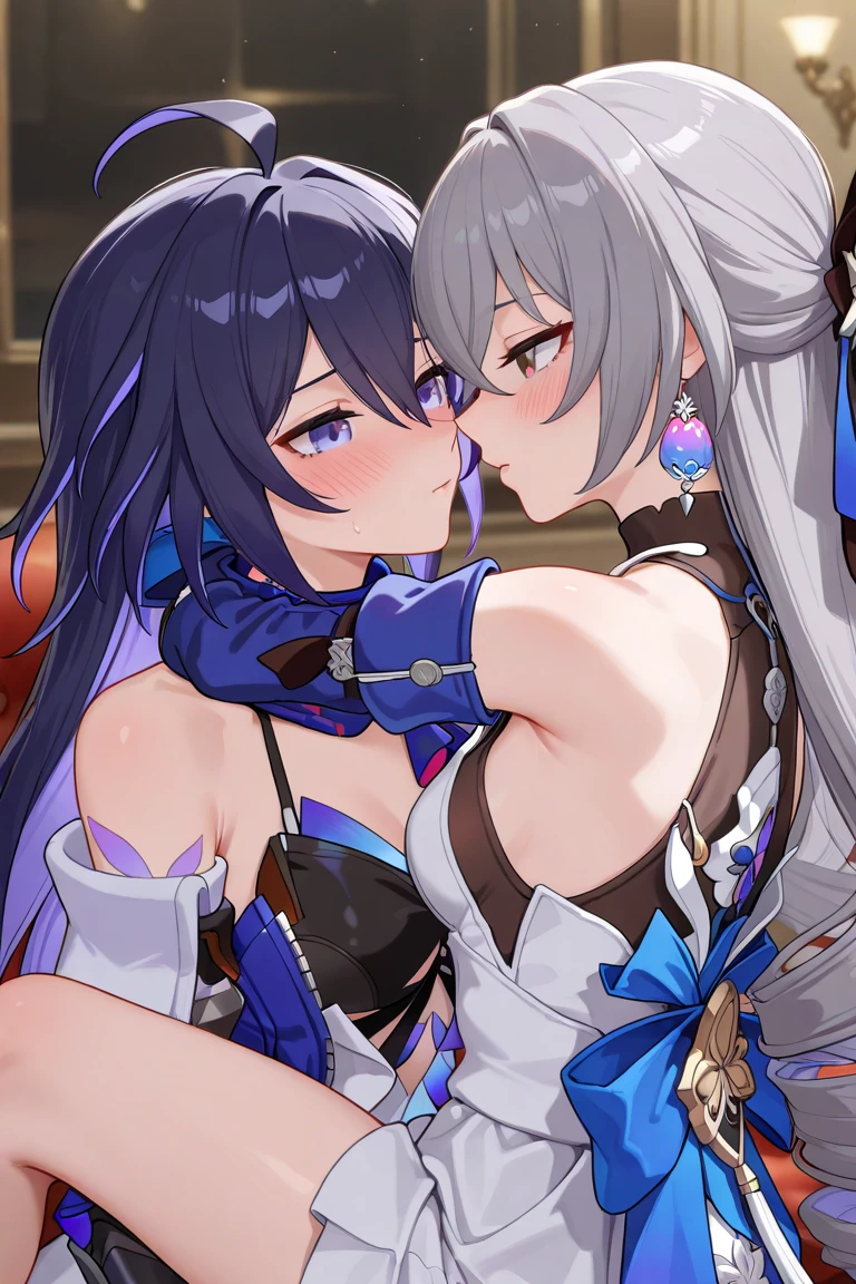 ((masterpiece,best quality)), 2girls, kiss, yuri, indoors ADDCOMM
1girl, bronya, elbow gloves, black pantyhose, blush BREAK
1girl, seele, single gauntlet, black shorts, blush