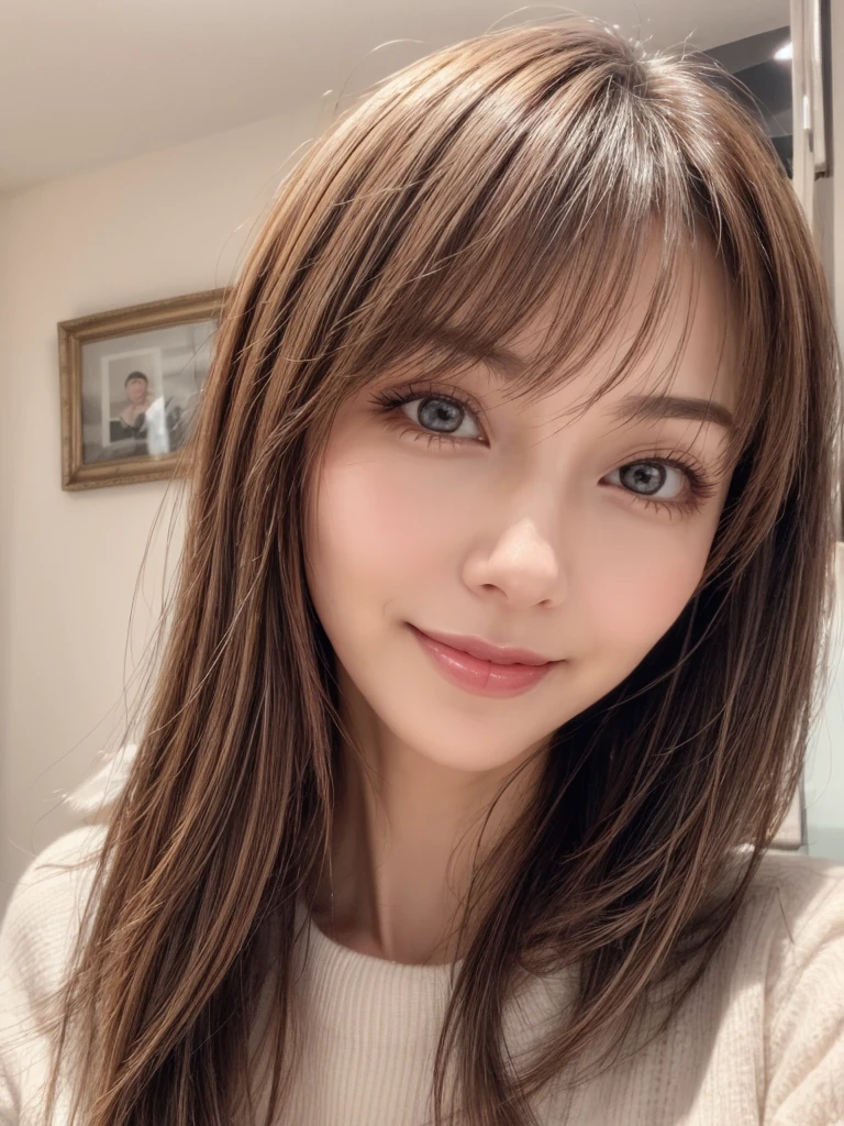 ((Selfie 1.6))((smile1.6))、the front、close - up face、Wavy Hair｟Looking at the camera｠A dark-haired、With bangs、Best Quality, masuter piece, 超A high resolution, (Photorealistic:1.4), Raw photo, high-level image quality, high-detail, ​masterpiece、a 18 year old girl、In the apartment
