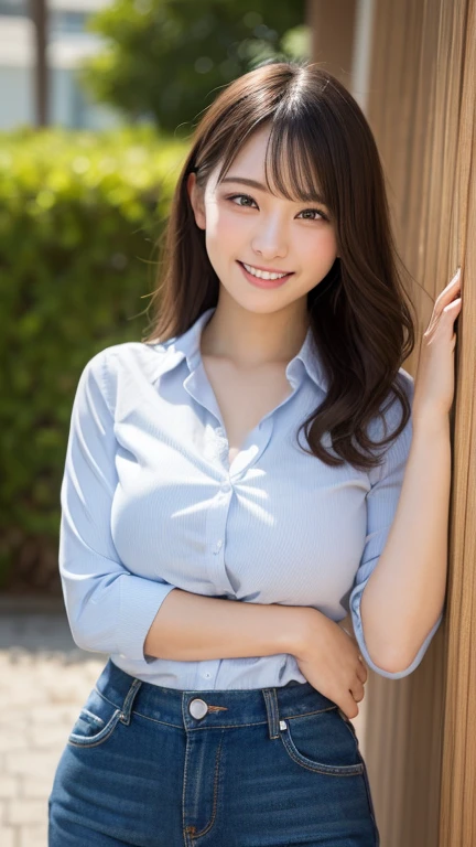 ((best quality)), ((masterpiece)), (detailed), perfect face, slightly smile, amusement park, close-up ultra thin waist, huge breasts sticking out of shirts, emphasize huge chest, Japanese teenager, tight white button-down business-shirt, remove all buttons, open wide chest of shirt, boyish hair, navy blue tight skirt, super thin waist, show off huge protruding breasts, pointed top of bust, angle from side, Rubber collared business shirt, upturned breast, Clearly distinguish the shape of the left and right breasts, The lower breast is clearly visible, Look at me and smile, Her shirt sticks to the shape of her huge breasts, baby face