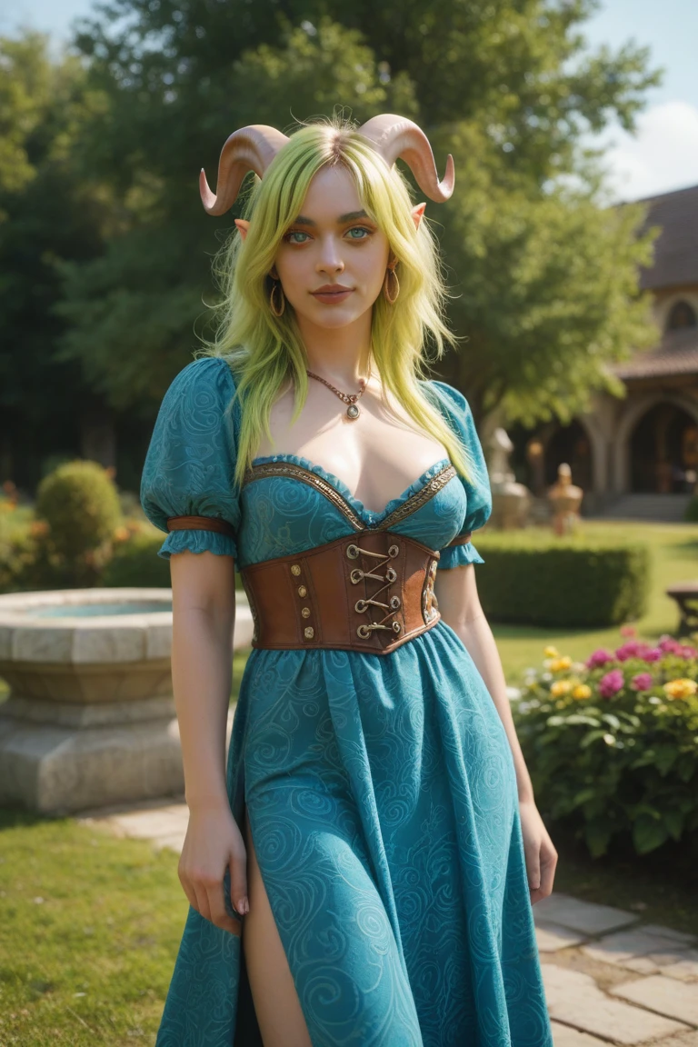 beautiful elf in bar, BREAK, 1girl, pointed ear, glowing diffusion lighting, detailed face, smile, blurry background, stunning, alluring, pierced eyes, medieval ruffle barmaid costume, frills-trimmed, deep cleavage, detailed skin, (realistic:1.3), (full body:0.8), (large breasts:1.4), (cute, yo:1.3), (blonde hair, green eyes:1.2)