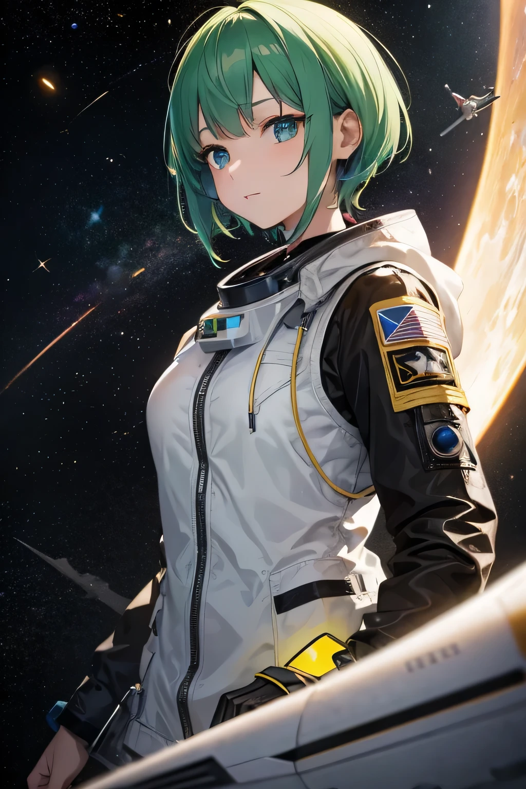spaceship, Captain Future, comet, Extremely detailed and beautiful design, illustrations, masterpiece,best quality, high resolution, 8k, sf, SPACE FANTASY, Extremely beautiful、Skillfully designed , Very Fine and Beautiful Colors , anime girl with short green hair and warm brown eyes up to the shoulder, Sleek , Black and yellow astronaut clothes、Metal patch on the shoulder. the space galaxy is visible in the background Planet, SPACE FANTASY, comet,