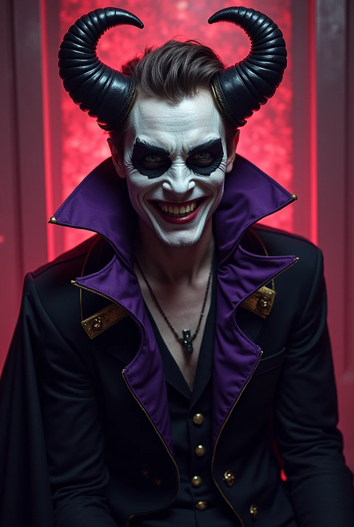 jester, 1boy, solo, smile, long sleeves, upper body, earrings, horns, teeth, puffy sleeves, necklace, grin, head tilt, makeup, facial mark, juliet sleeves, facing viewer, corset, horns, <lora:RPGJesterXL:0.4>