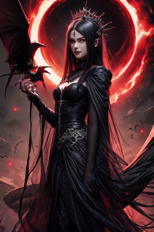 1 demon queen, realistic face, evil smile, smoky gothic makeups, small eyes, pale skin, tail, obsidian armor, transparent silk cape, scales, black rough texture horns, glowing red eyes, thorns, blood
(ass view) army of demons ,
gothic, fantasy, abstract, muted color
dramatic lighting ,
best quality, masterpiece,
(modern digital art by gerald brom ,)
<lora:add_detail:1>