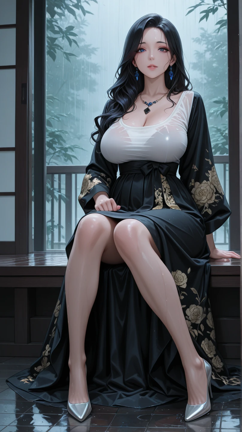 realistic, 1 women, best quality, 12k, HD, long hair, big round breasts, cleavage, ponytail, necklace, jewelry, shorts, short jacket, slim hips, hair tie, yellow eyes, black hair, super detailed, Eye details, hair details, person details, mouth details, face details, breast details, clothes details, hair details, pants details, hand details, whole body
