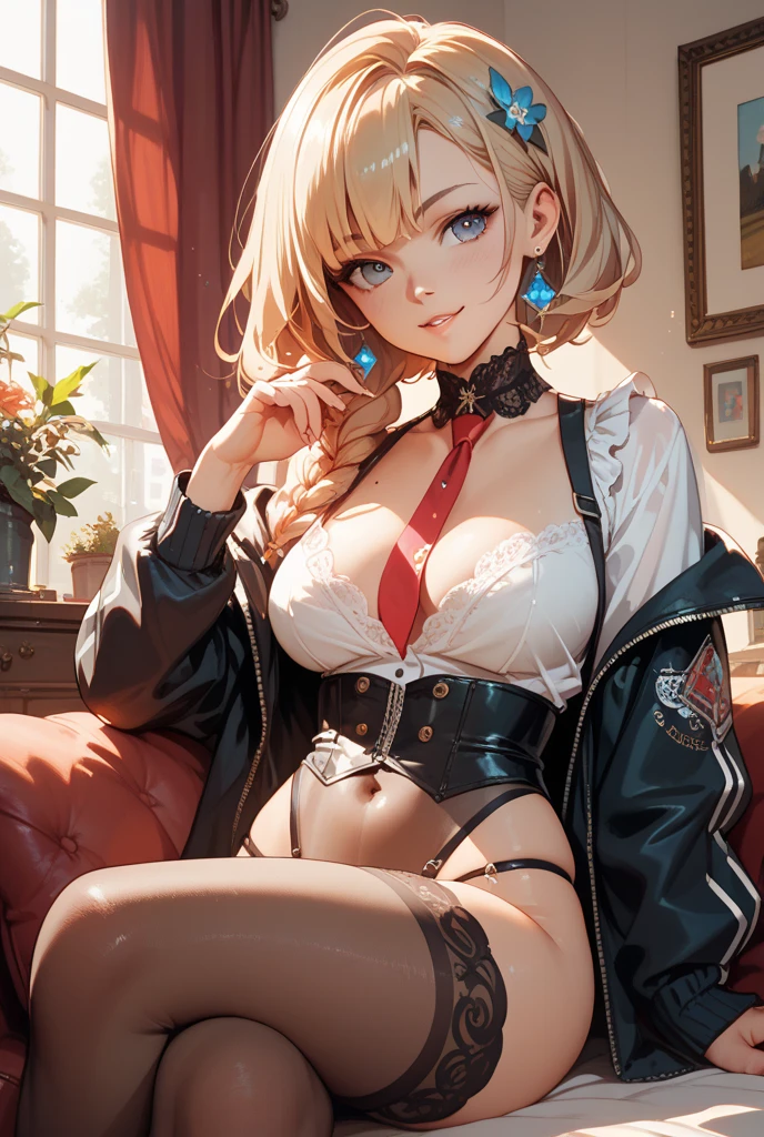 masterpiece,best quality,intricate details,
1girl,leotard,black jacket,open jacket,large breasts,cleavage,lace trim,highleg,black pantyhose,thigh strap,earrings,
indoors,sitting,spread legs,cameltoe,blush,