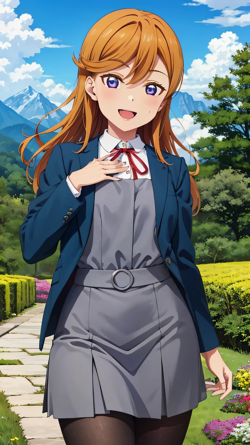 {{{masterpiece}}}, (best quality:1.5), (ultra-detailed:1.5), {illustration}, {{an extremely delicate and beautiful}}, (beautiful detailed eyes:1.6), absurdres, highres, extremely detailed face, 16k, hd, visual anime de uma jovem mulher, extremamente bonito rosto de anime, anime melhor garota, (perfect hands, perfect anatomy), anime face, shibuya kanon(love live! superstar!!), 1girl, solo, cute face, orange medium hair, semi-long hair, asymmetrical bangs, (purple eyes:1.2), medium breasts, big hips, curvaceous, BREAK, {{yuigaoka school uniform}}, blue jacket, open jacket, long sleeves, grey pinafore dress, white collared shirt, red neck ribbon, black pantyhose, black socks, BREAK, open mouth, smiling, outdoor, sky, mountain, daytime, castle, forest, flower garden, field