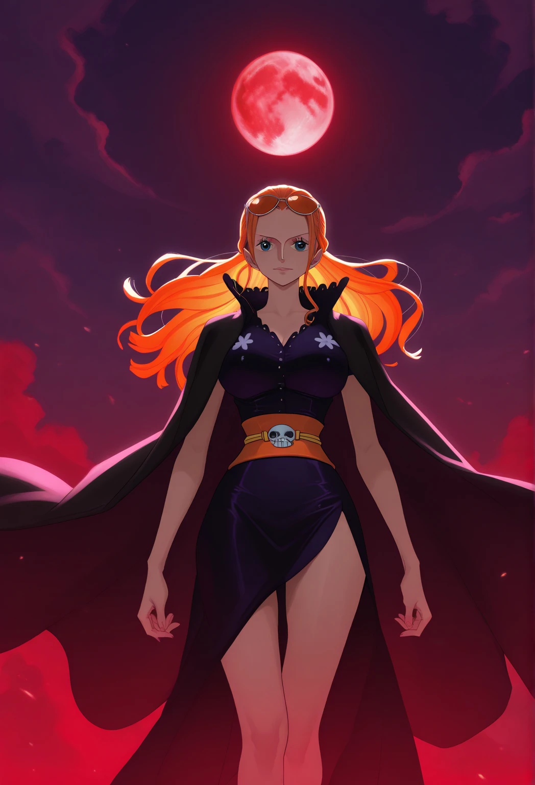 Anime girl with long red hair, in dark dress, greeneyes, Estilo One Piece