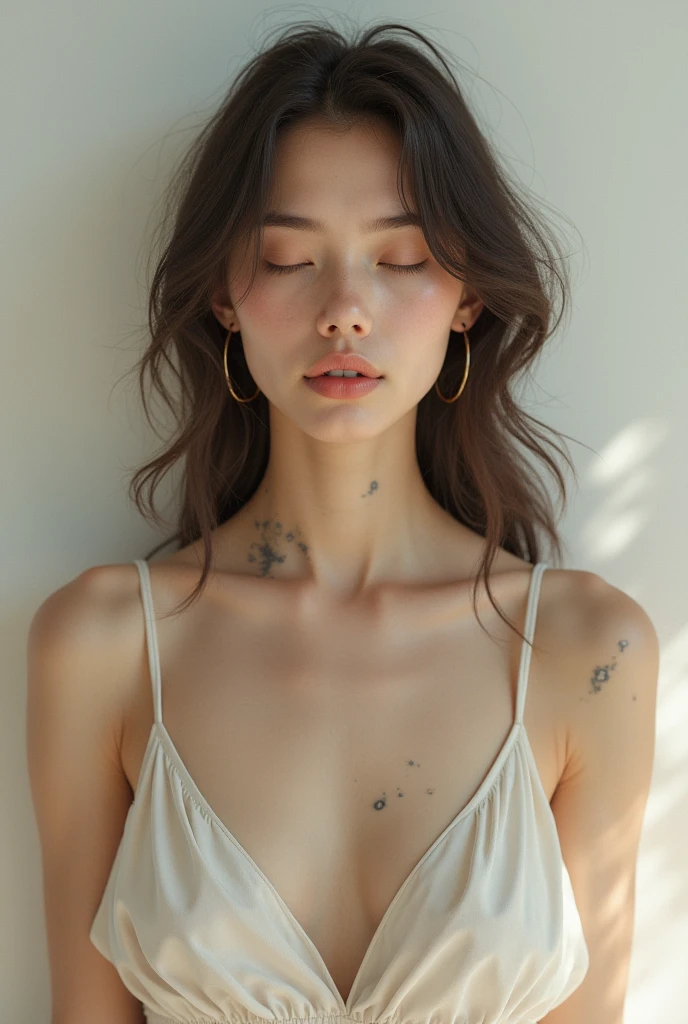 Beautiful skinny girl, elongated face and thin chin, freckles, brown ponytail hair, brown eyes, red lipstick, beautiful makeup, white skin, with patterned top , shorts,  , ponytail hair, shapely breasts, tattoos , sexy style