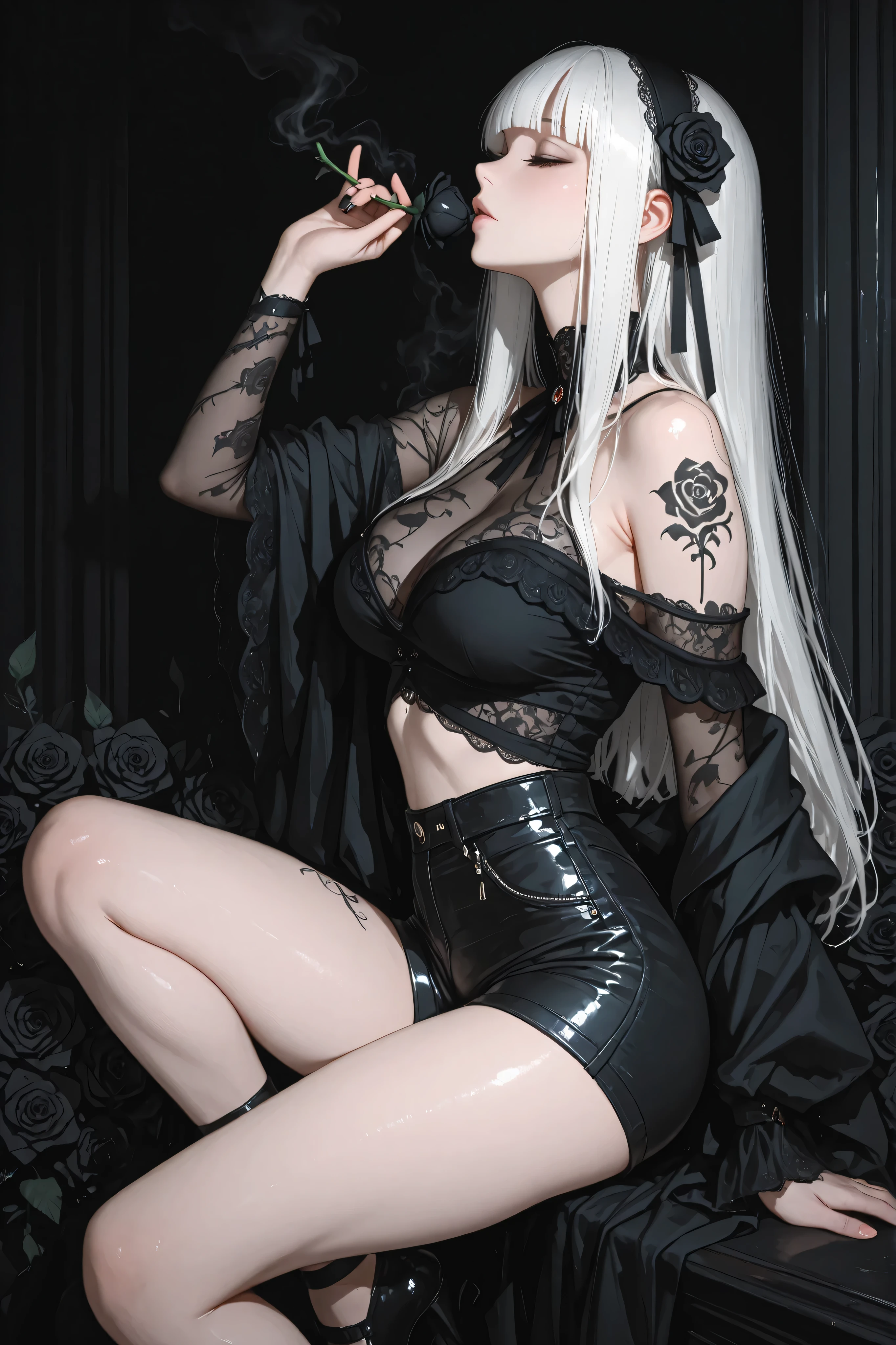Mujer rubia con vestido negro y medias sentada en una silla negra., gothic horror vibes, gothic costume, gothic girl, gothic atmosphere, wearing a gothic dress, pale gothic beauty, 1 7 - year - old gothic girl, dark gothic queen, Gothic style, gothic girl, gothic aesthetic, gothic aesthetic, sensual and sombre style, elegant gothic, wearing gothic accessories, Detailed face and body, ultra quality, detailed face, high quality, detailed legs, detailed clothing, beautiful face, cute girl, sexy girl, detailed costumes, pretty face, ULTRA HD QUALITY, 4K QUALITY