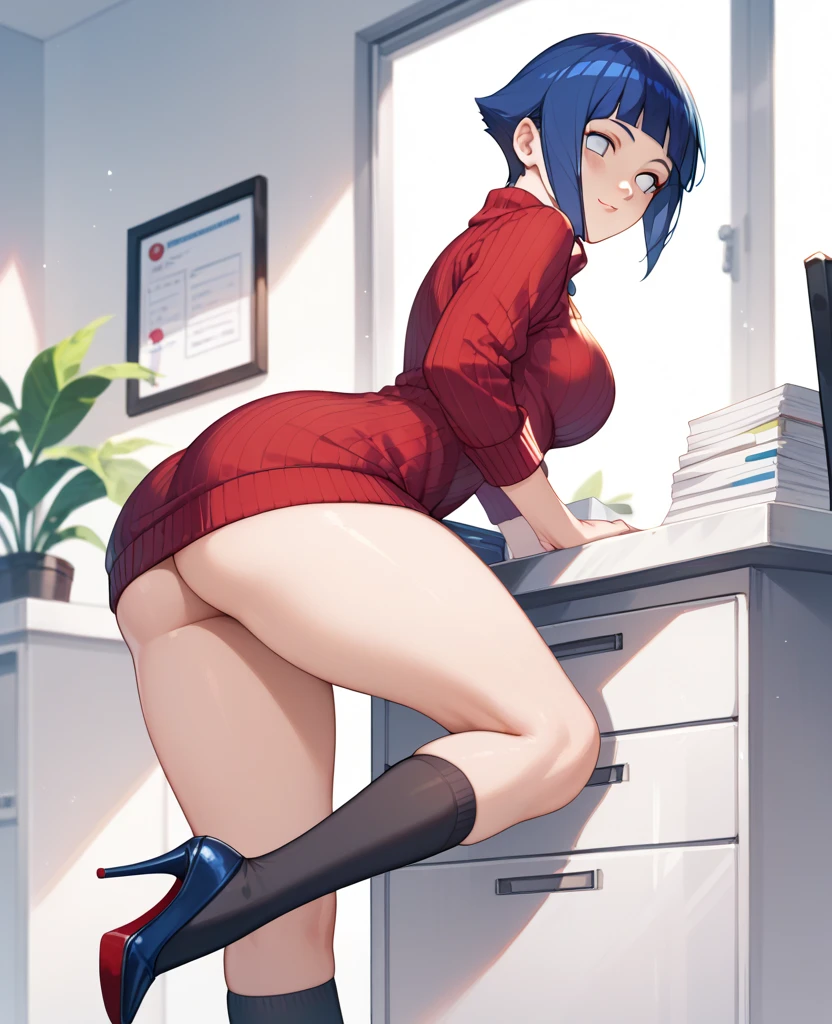 1 girl, hands on belt, black hair,blue eyes,(blush:1.1), blue undies over the legging, blue undies, red shirt, white gloves, white shoes, medium breasts,thicc, happy, smile, sit on bar, view from behind
