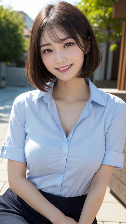 (((Angle from below、Become a horse rider:1.2)))、((no-makeup、cleavage of the breast、Japan schoolgirl uniform、Unbuttoned shirt))、(realisitic、Photorealsitic、ultra-detailliert、Highest Details Skins、top-quality、masterpiece、超A high resolution)、Beautiful Japan Woman、18year old、1 girl in、I have bangs、二重まぶた、drooing eyes、Large black eyes、Japanese style face、purity、Cute smile、Realistic skin type、short-cut、