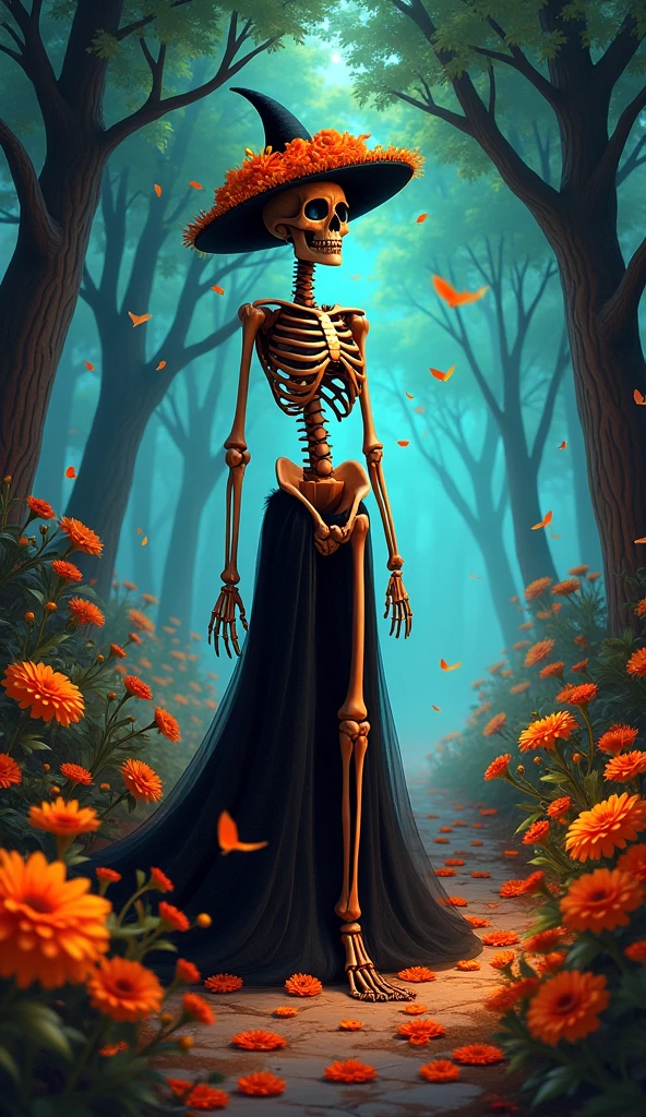 masterpiece, best quality, high contrast, picture of a skeleton, wearing summer dress, holding flowers, scull, dusk, overgrown, leafes, nature, forest background