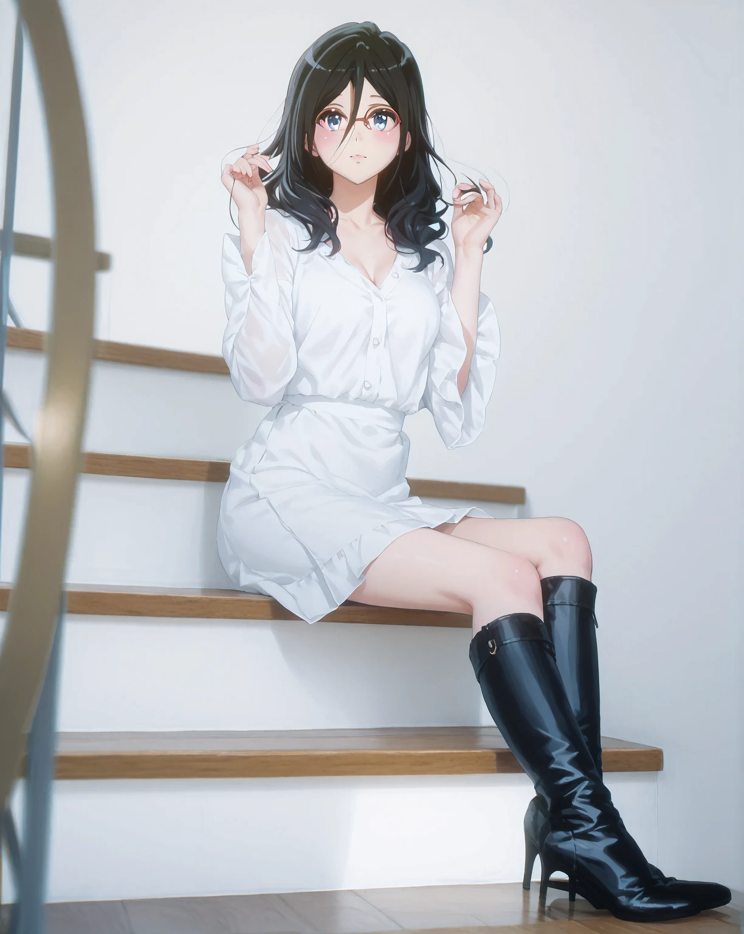  ((inspired by Asuka Tanaka:1.2)),(inspired by Kyoto Animation Style),(masterpiece, best quality),beautiful, beautiful-woman, ((detailed face)).(full body:1.3).,
  
 ((black hair)), glasses, blue eyes, long hair, over-rim eye-wear,cowboy shot, semi-rimless eye-wear, between eyes .(red-framed glasses:1.2),

The woman is wearing black over-knee-stockings ,(black over-knee-stockings).black Thigh length boots with high heels.,





