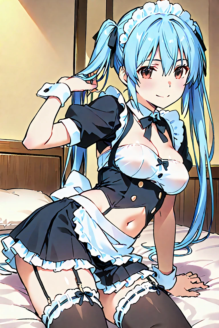 (Highest quality), (masterpiece), 1080P, High resolution, 4K, 8K, ((Maid clothes)), ((Cat ear)), ((mini skirt)), Black ruffles, Shooting from directly above, Sweat, ((White panties)), blind eye, ((Underarm)), String panties, To achieve this, ((~ side)), show your ~ side, Spread your legs, ((Nipples)), Large Breasts, whole body, Embarrassed face, , Blunt bangs, bracelet, garter belt, Lying on your back, Off the shoulder, leg up, ((Restraints)), handcuffs, bed room, Sole, belly button,
