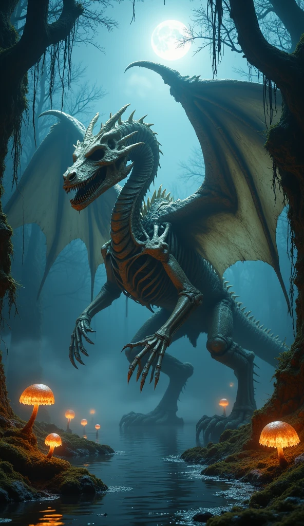 bone dragon in a swamp at night
(masterpiece), best quality, highres, 4k, 8k, Detailed Illustration, intricate detail, cinematic lighting, amazing quality, 1girl, fit female, amazing shading, soft lighting, facing camera, perfect eyes