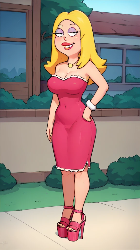 francine, flat color, blonde hair, 1girl, long hair, white braclet, large breasts, solo, necklace, cleavage, tight pink dress, short dress, red lips, standing, looking at viewer, outdoors, full-body, smile, open-toe high heels