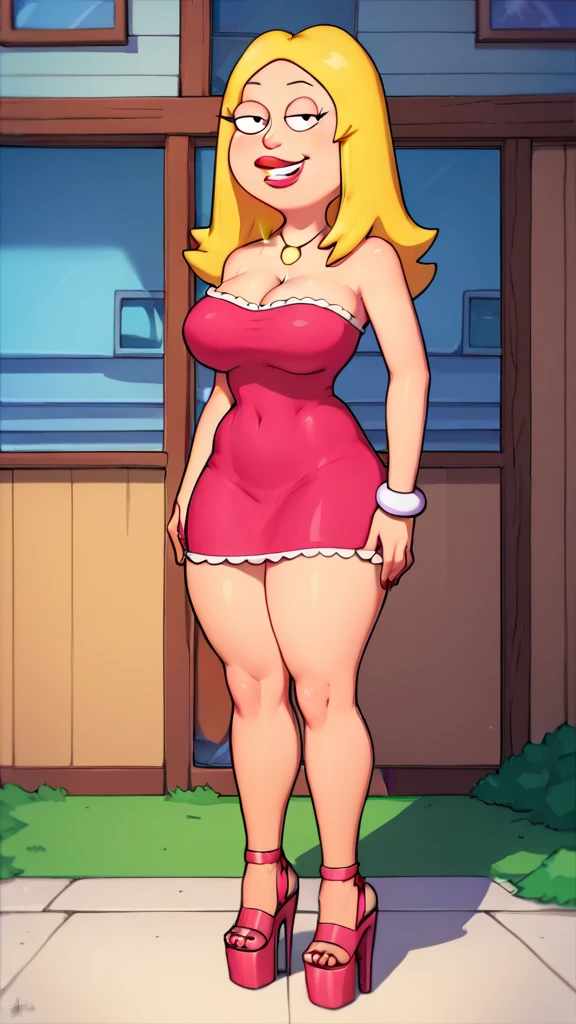 francine, flat color, blonde hair, 1girl, long hair, white braclet, extra large breasts, solo, necklace, cleavage, tight strapless pink bikini, red lips, standing, looking at viewer, outdoors, full-body, smile, open-toe platform high heels, thick thighs