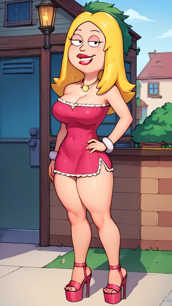 sexy woman, mature milf, huge breasts, large breasts, curvy, voluptuous, blonde hair, blue eyes, long hairstyle, santa microbikini, santa hat, christmas gloves, grinning, standing, full body, solo focus, city street, outdoor, night time