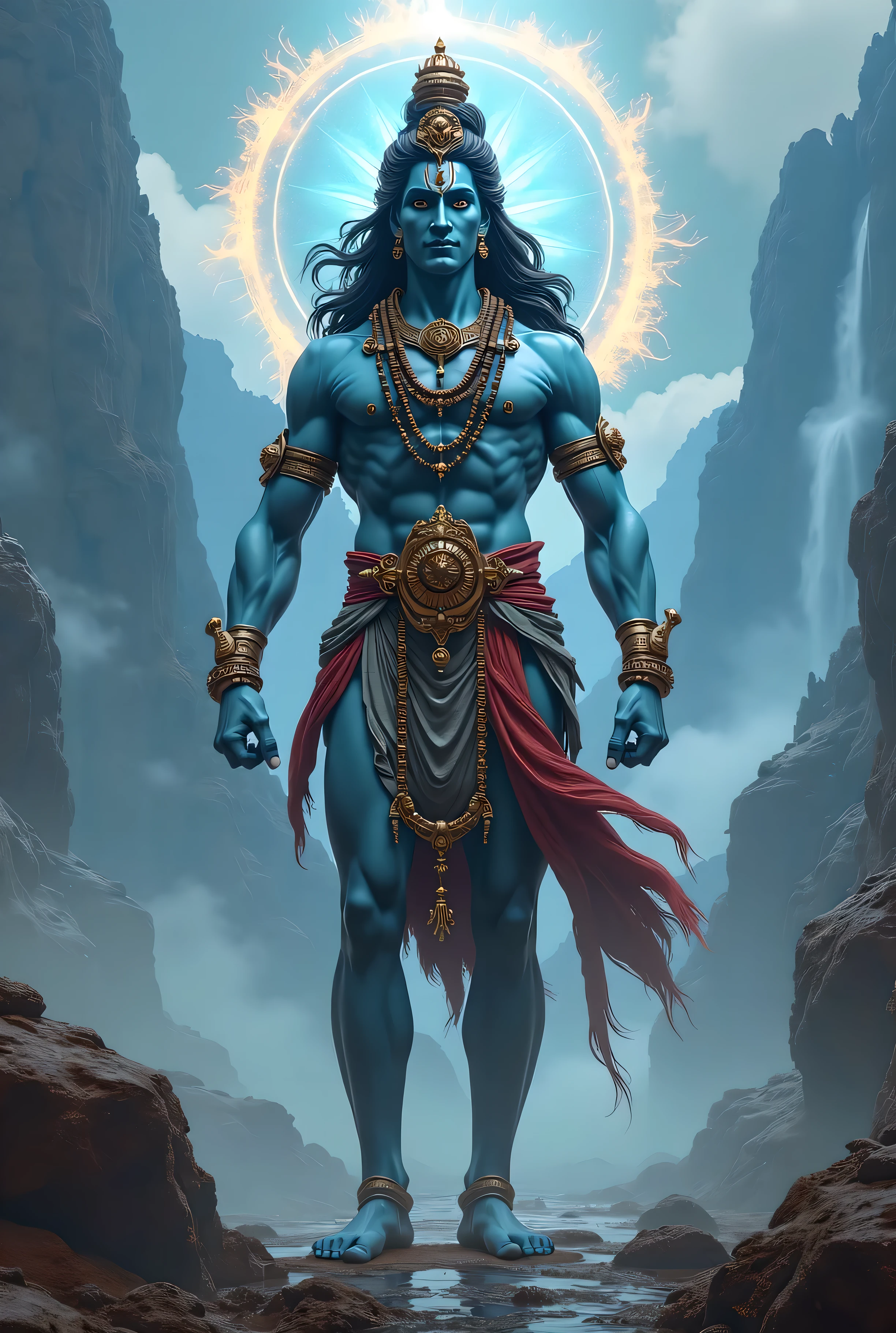 "Create an 8K ultra-realistic and intricately detailed image of Lord Shiva as part of the Holy Trinity in Hinduism known as the Trimurti. Depict Shiva in his form as Nataraja, the cosmic dancer, with his iconic third eye on his forehead, holding a trident (Trishula), and performing the Tandava dance. Surround Shiva with Brahma (the creator) and Vishnu (the preserver). Brahma should have four heads and hold the Vedas, while Vishnu should have blue skin and hold a conch and discus. Place the three deities in a celestial, cosmic setting with realistic lighting that highlights their features and divine aura. Ensure the scene captures the majesty and spirituality of these divine figures with vibrant colors, high contrast, and meticulous attention to detail. Incorporate elements that symbolize their roles in creation, preservation, and destruction. Depict stars, galaxies, and cosmic energy swirling around Shiva as he dances among the stars, conveying the dynamic and powerful nature of the universe."