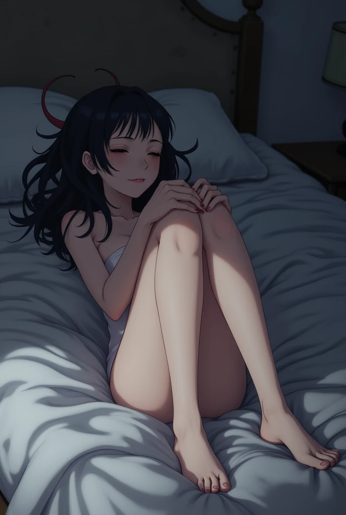 Nude girl with her ass and pussy dripping with cum, with her legs up to her head, while she is lying on the bed, completely naked and crying