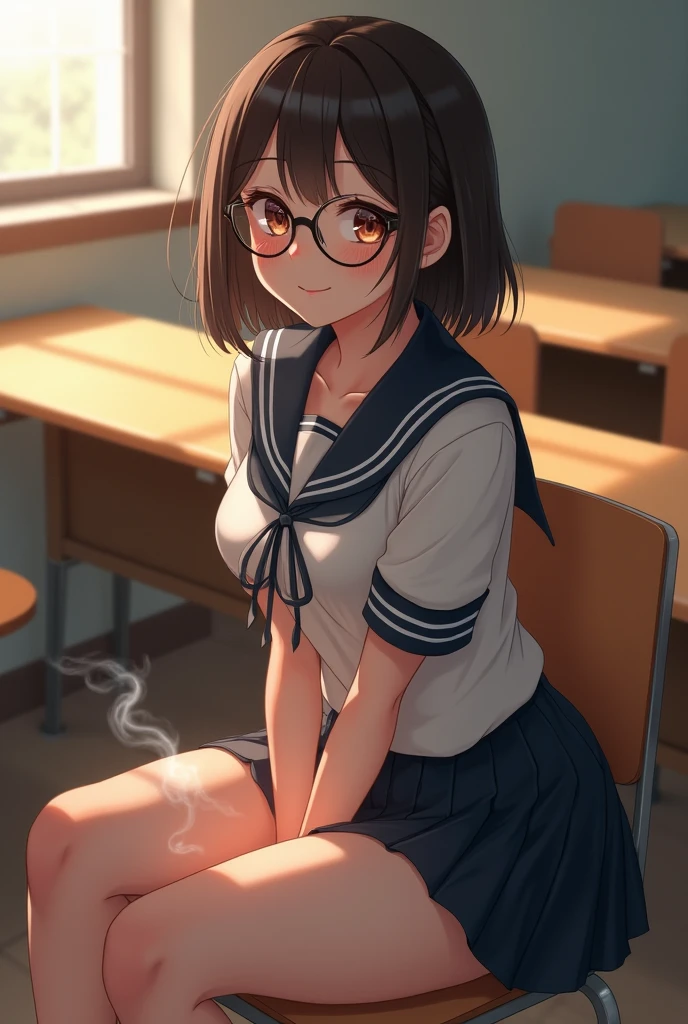 Excellent quality,illustratio,8K,k hd,(((animemanga girl))),((On the table)),Best quality at best, Extremely detailed CG unified 8K,(( 1 girl in)), (Beautifully meticulous),illustratio, Intricate patterns,Character focus,Modern School Uniforms,Classroom,,with short black hair,No bangs,wears glasses,The girl sits in a chair,The girl drinks milk,girl looks nervous,The face is red,The girl covered her stomach with her hands,girl belly bloated,full buttocks,skinny pants