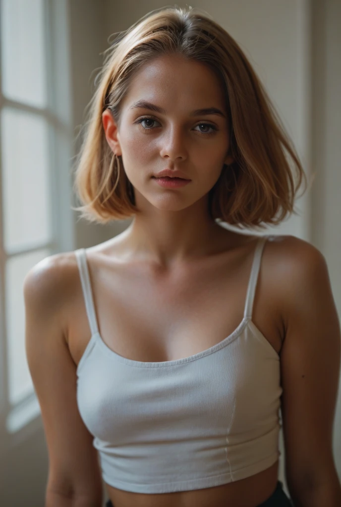 Tia is shown to have a fairly slender figure. She has white-grey hair , she has short hair and large pale green eyes, detailed face , tall face , Realistic, sexy girl, white hair, blue eyes, glowing eyes, crop top, skirt, parted lips, blush, night, flower, sun, sunlight, all fours, looking up, viewer standing from front., cleavage exposed, medium breasts, superior quality, many details, Puri focus  Sharp and realistic