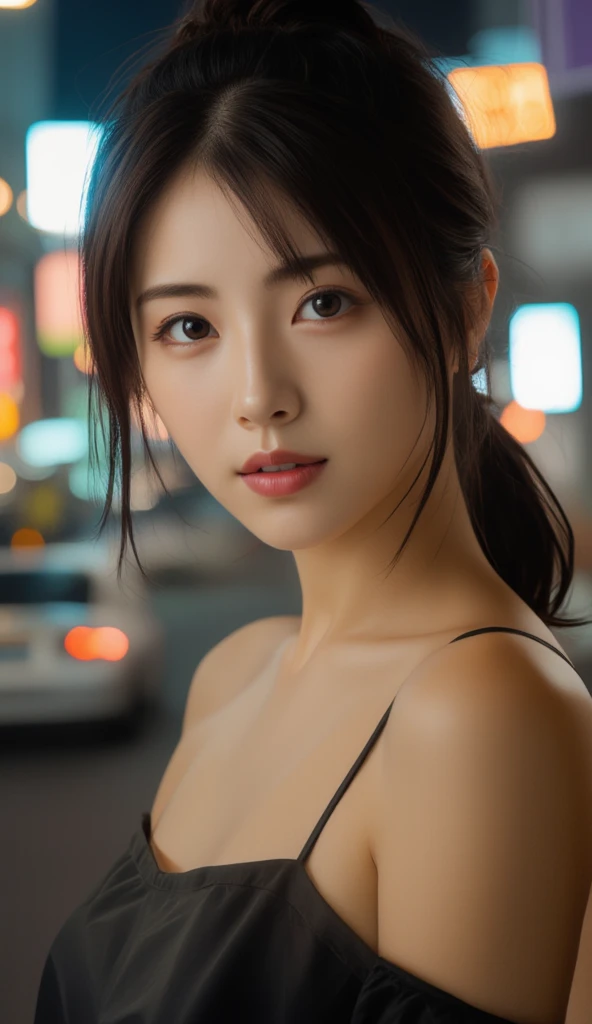 1girl, Tokyo street, night, cityscape, city lights, upper body, closeup, 8k, RAW photo, top quality, masterpiece, realistic, photorealistic, underwear