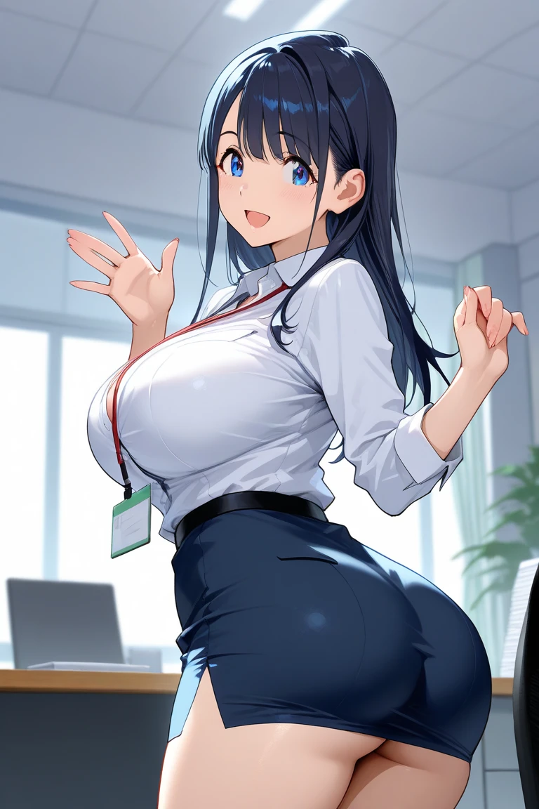blushing, nose blush, >.< face, embarrassed, mature woman, office worker, massive breasts, stretched out shirt, ginormous breasts