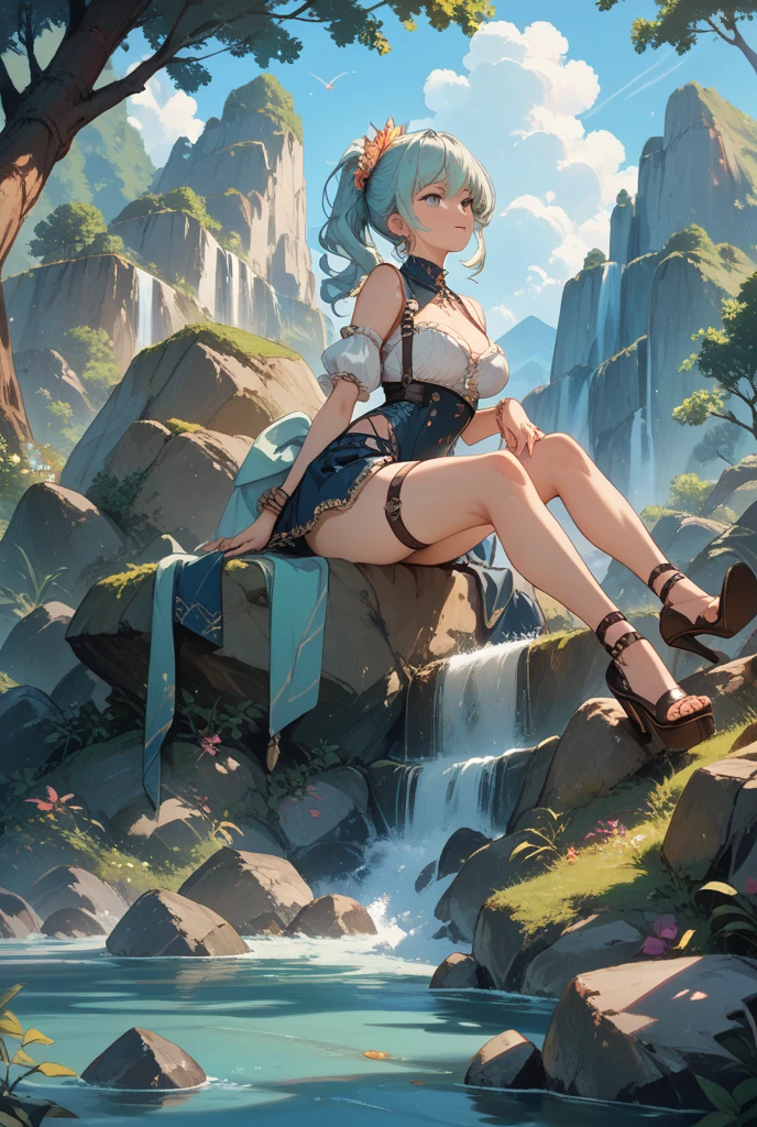 shenhe_\(genshin_impact\), hiten kei style, 1 girl, solo, claude monet, oil painting, masterpiece, hyper realistic, realistic skin, best quality, 1girl, lakeside, huge breasts, huge nipples, erect nipples, looking at another, topless, full body, vector illustration, nipples, light smile, blunt bangs, long hair, stomach, navel, bare shoulders, white hair, braided, mountain peak, sarong, loincloth, black pantyhose, red tassel, sitting on a bench, reading a book, inside a pavilion, windy skiy, sky, open mouth, bored, cliffs, falling leaves, minerals, resting, wet body, enchanted light, glowing flowers, clouds, autumn, orange grass