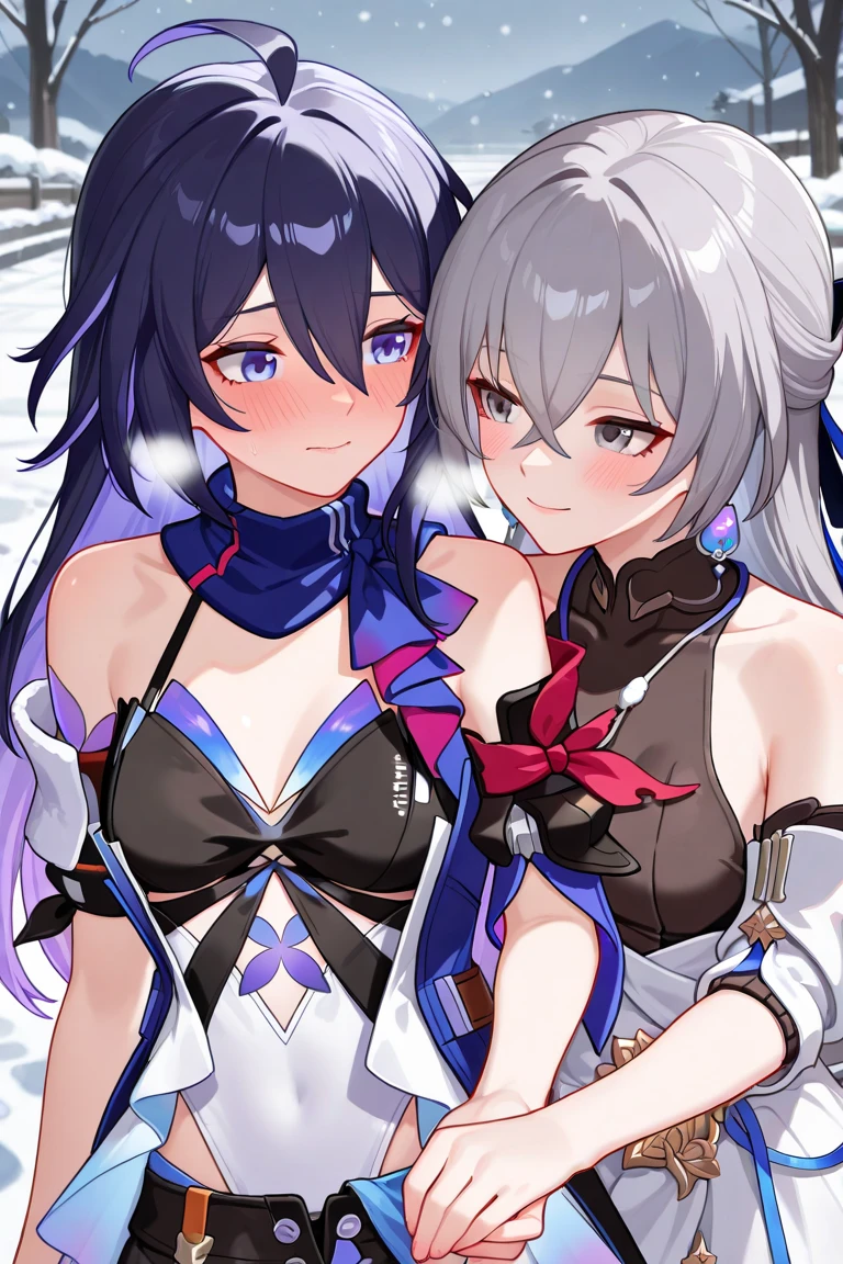mother and daughter, age_difference,size_difference, two girl huge each other, masterpiece, best quality, very aesthetic, absurdres, ,mature mother and cute daughter, seele \(honkai: star rail\), honkai \(series\), long hair, ahoge, grey hair, breasts, bare shoulders, gloves, hair between eyes, purple hair, scarf, blue hair,in an island,surrounding by flowers,falling_petals, petals,,