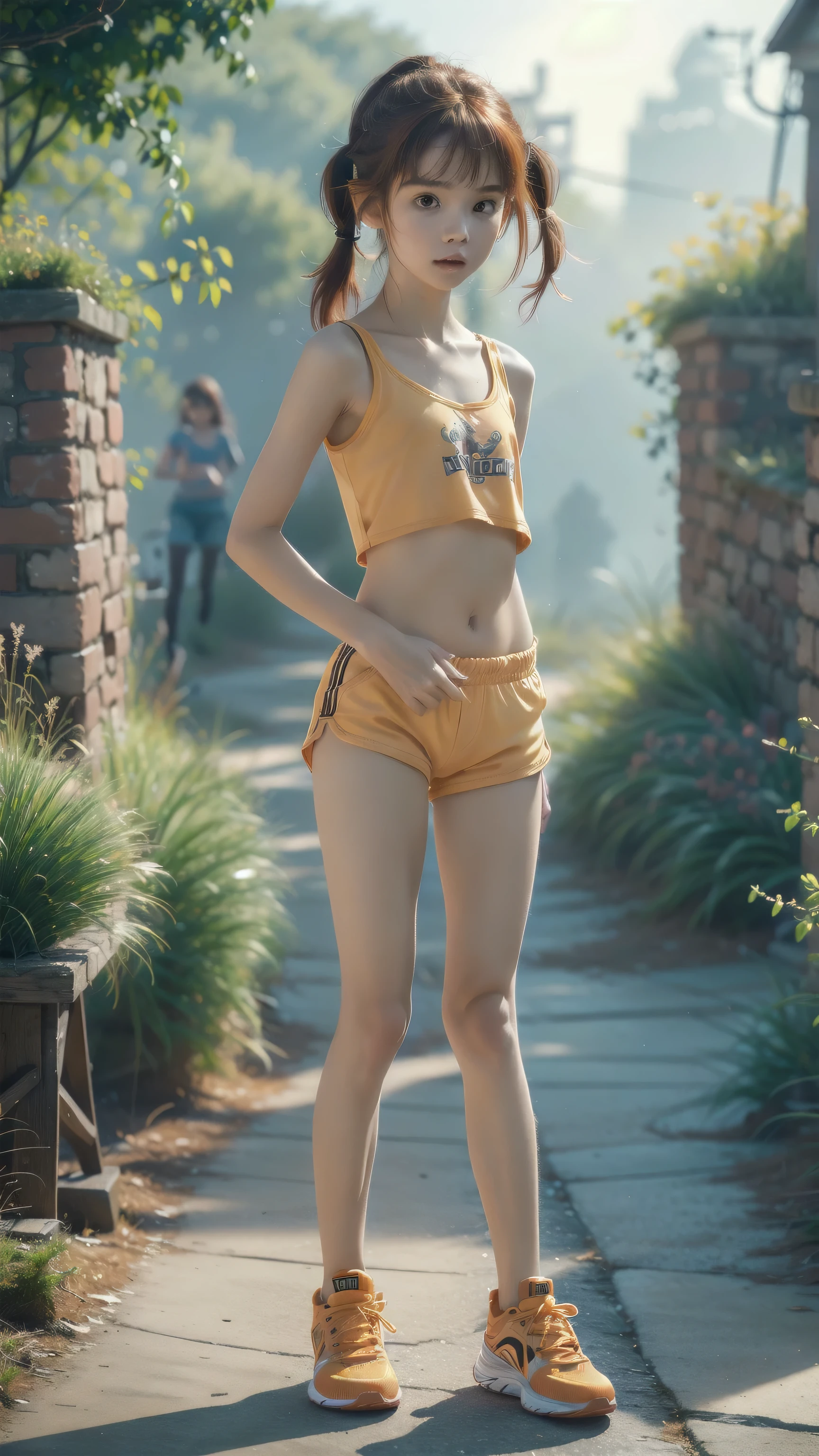 <lora:Thai_pants_v1-000009:1> masterpiece of photorealism, photorealistic highly detailed 8k photography, best cinematic quality, volumetric lighting and shadows, choppy bob ash blonde young woman in thpnt, Stone Bridges over Reflective Ponds Canted or Dutch Angle Shot