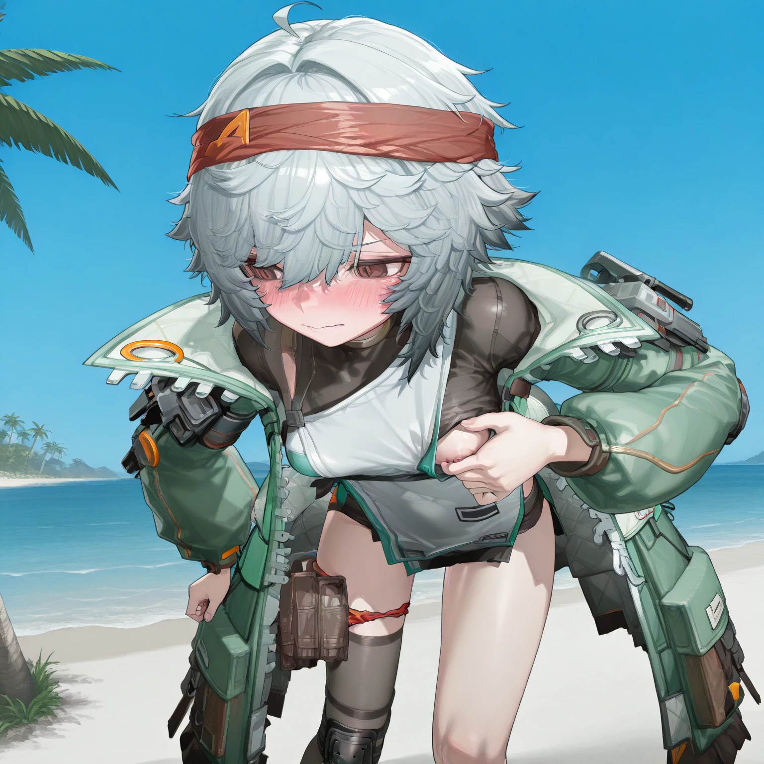 (liuhuo2:1.2),<lora:liuhuo2_1:0.9>,1girl,solo,best quality,masterpiece,streaked hair,hair bun,earrings,large breasts,short hair,standing,bent over,(half-closed eyes:0.6),:D,smirk,naughty face,upper teeth,skin fang,bright,depth of field,beach,sand,waves,thick eyebrows,short eyebrows,white china dresswhite china dress,hip pouch,green gloves,, masterpiece, best quality,