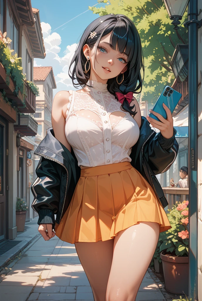 No sleeve,Sweaty,A perfect smile,Browsing Caution,​(Highest quality, 8k, masterpiece:1.3,beautiful girl), (masterpiece:1.3, Highest quality, Ultra-high resolution, Very detailed), (Perfect Anatomy, Anatomically correct, Very detailedな肌), Cute and symmetrical face, Perfect Face, Perfect Eyes, Perfect Fingers, Five Fingers,Smartphone in one hand, ((Hairstyle,Inner Color,money,Bobcut))((White tube top,Brown Check Skirt)),Earrings,Street Corner,((Shoulder bag,Wear diagonally)),Go down the stairs,Angle from below,Dripping sweat,((Blue string panties)),Spread your legs,Wet Panties,((Masturbation)),Vulgarity,Spread your legs,Ecstasy face,sweating