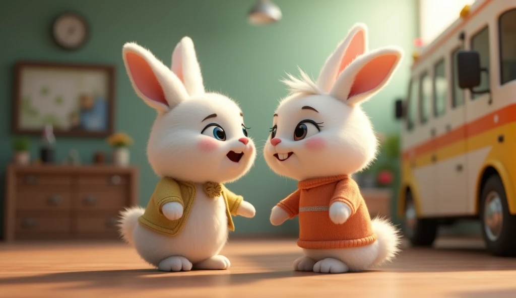 A white bunny training at the gym with pink clothes and honey brown eyes and with her rabbit boyfriend who is taller and is giving her a kiss on the forehead